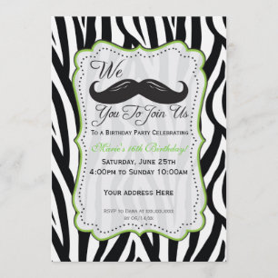 Invitation Anniversaire Moustache Zébrée - Noir & Vert Citron