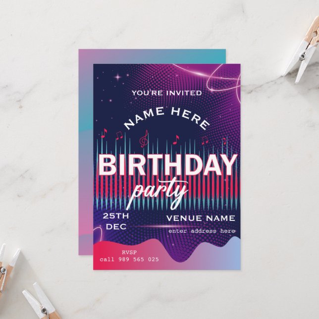 Invitation Anniversaire musical personnalisé (Devant/Arrière en situation)