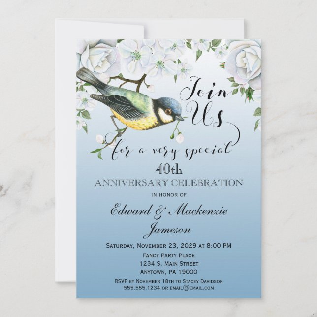 Invitation Anniversaire Nature Oiseau Floral Bleu (Devant)