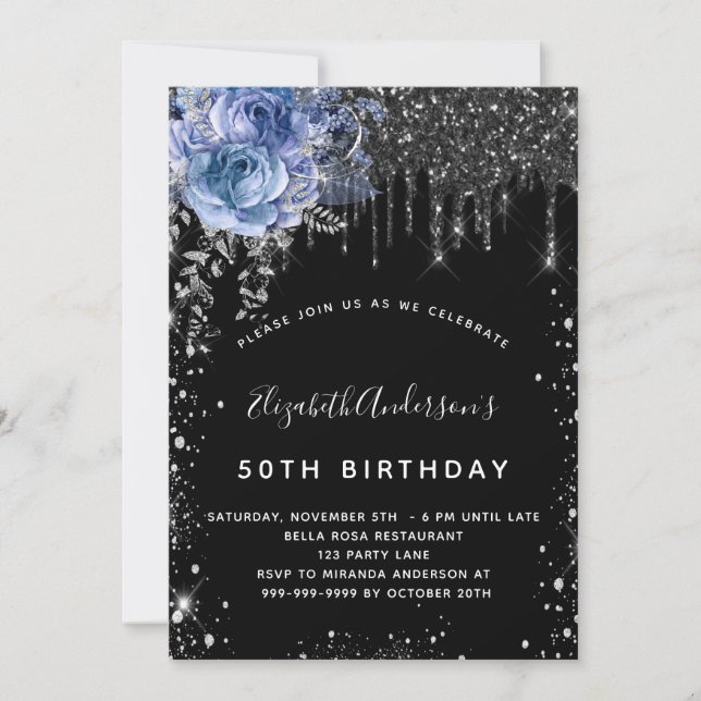 Invitation Anniversaire noir argent parties scintillant bleu  (Devant)