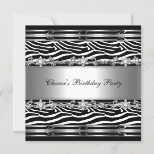 Invitation Anniversaire Noir Blanc Fête Zèbre Animal Bijou