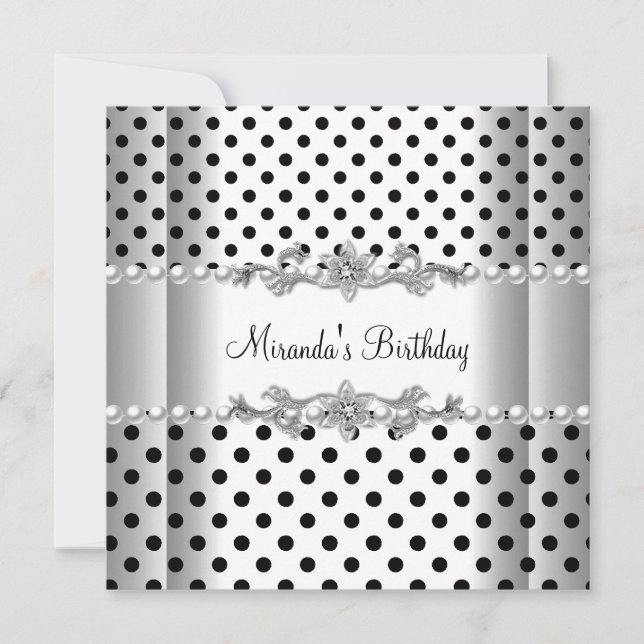Invitation Anniversaire Noir Blanc Pearl Polka Dot (Devant)