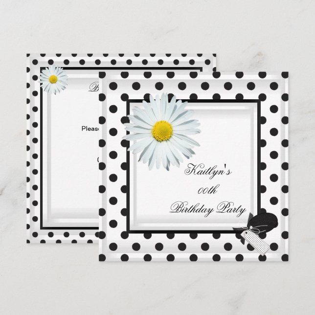 Invitation Anniversaire Noir Blanc Polka Dot Daisy (Devant / Derrière)