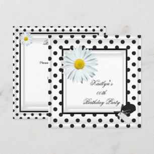 Invitation Anniversaire Noir Blanc Polka Dot Daisy