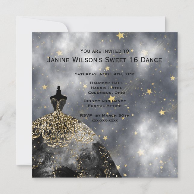 Invitation Anniversaire noir du noir Sweet16 d'or de robe (Devant)
