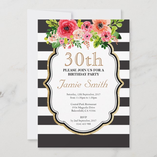 Invitation Anniversaire noir et blanc de rayure de fleur (Devant)
