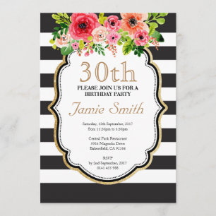 Invitation Anniversaire noir et blanc de rayure de fleur