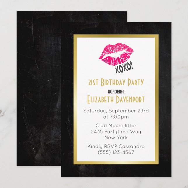 Invitation Anniversaire noir et or avec lèvres rose Kissy (Devant / Derrière)