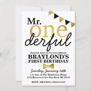 Invitation anniversaire noir et or M. Onederful