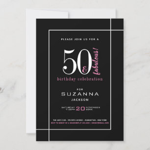 Invitation Anniversaire noir et rose moderne de 50 ans et fab