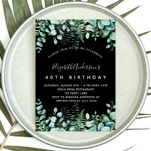 Invitation Anniversaire noir eucalyptus verdure bois