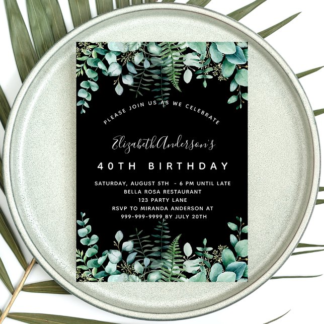 Invitation Anniversaire noir eucalyptus verdure bois (Créateur téléchargé)