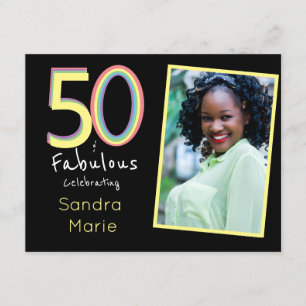 Invitation Anniversaire noir Jaune arc-en-ciel chic 5O et fab