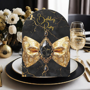 Invitation Anniversaire Noir Or Marbre Bijou Paisley Nœud