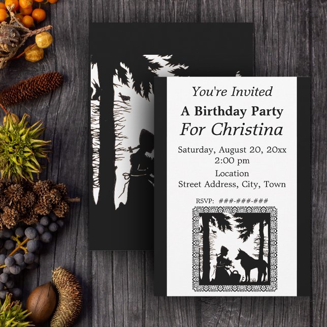 Invitation Anniversaire Noir Silhouette Rouge Chaperon d'équi (Little Red Riding Hood Wolf in black and white on Birthday party invitations.)