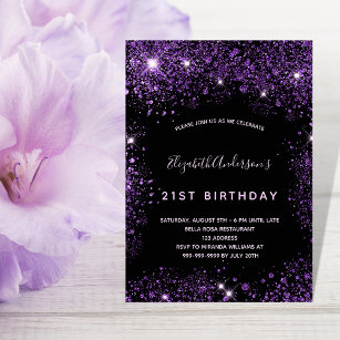 Invitation Anniversaire noir violet parties scintillant pouss