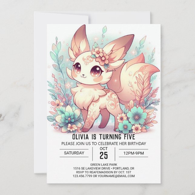 Invitation Anniversaire numérique Cute Fox personnalisé (Devant)