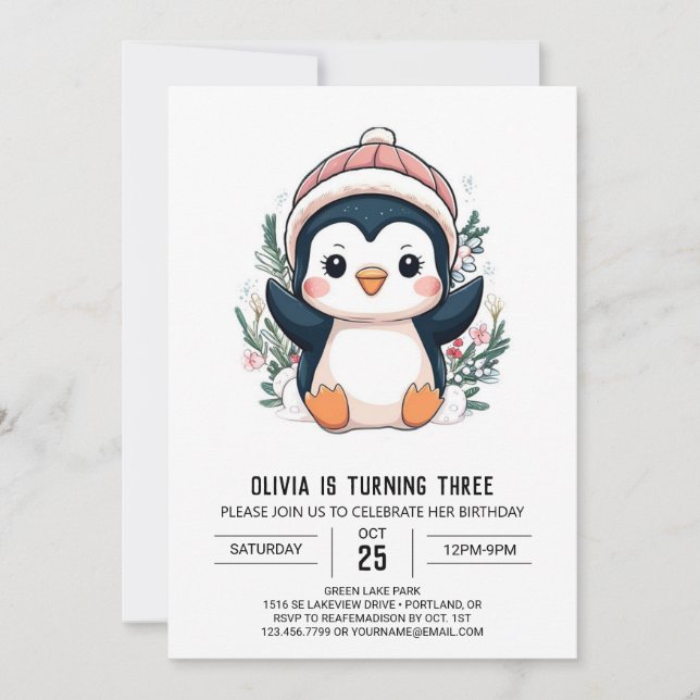 Invitation Anniversaire numérique de pingouin blanc mignon (Devant)