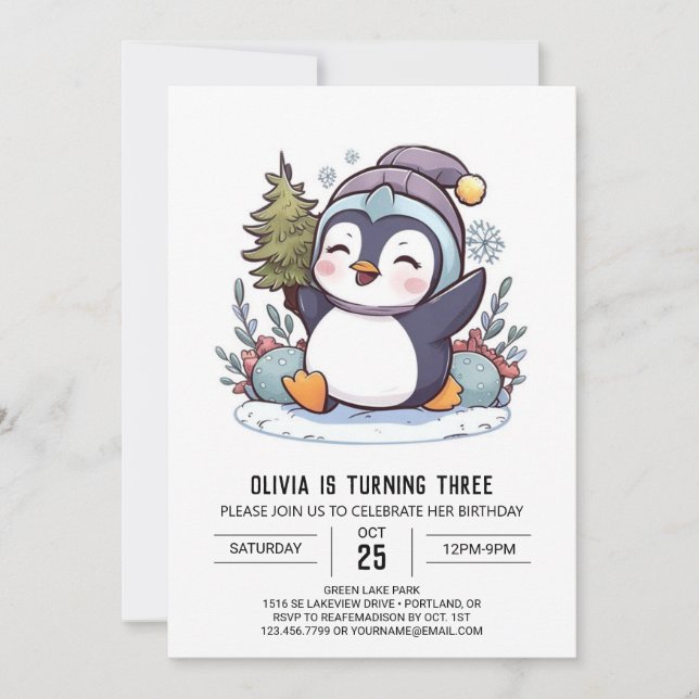 Invitation Anniversaire numérique Enchanted Winter Penguin (Devant)