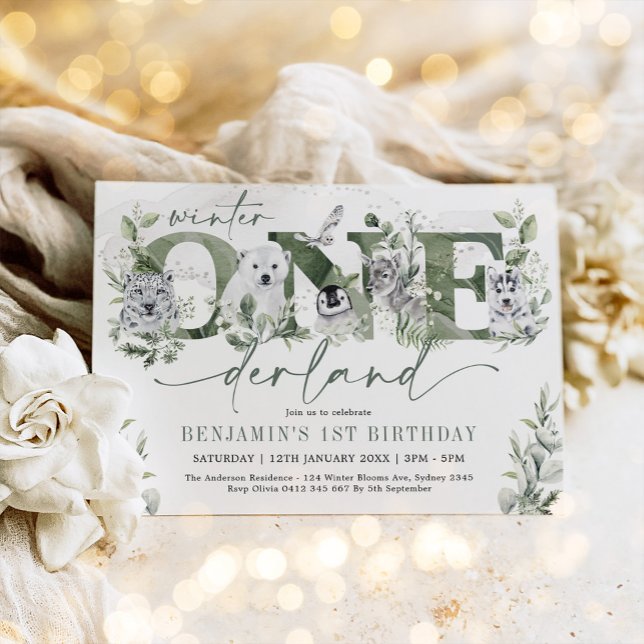 Invitation Anniversaire ONEderland Hiver Animaux Arctiques Ve (Créateur téléchargé)