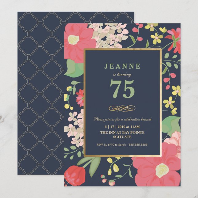 Invitation Anniversaire - Or, Élégant Floral (Devant / Derrière)