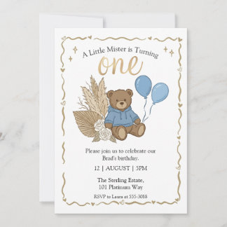 Invitation Anniversaire ourson marron boho ballons bleus