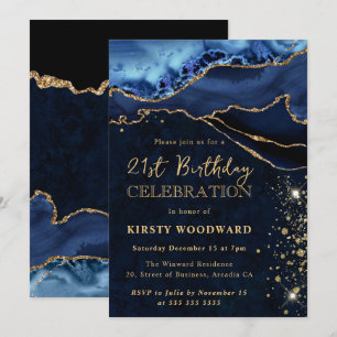Invitation Anniversaire Pailleté d'Agate Bleu et Or Élégant