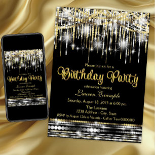 Invitation Anniversaire Pailleté Noir et Or Glamour