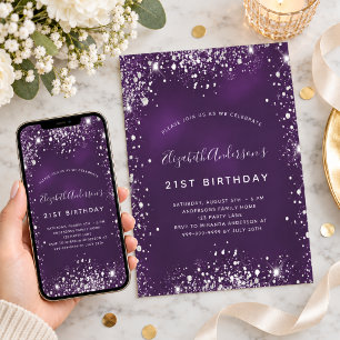 Invitation Anniversaire paillettes argent violet