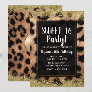 Invitation Anniversaire Paillettes Dorées Imprimé Guépard Léo