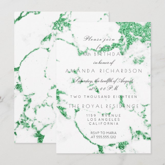 Invitation Anniversaire Paillettes Vert Émeraude Marbre Blanc (Devant / Derrière)