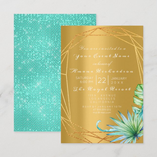 Invitation Anniversaire Palm Mint Aqua Tropic Frame Or (Devant / Derrière)