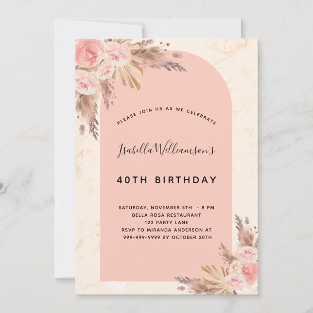 Invitation Anniversaire pampas herbe rose or rose rousse (Devant)