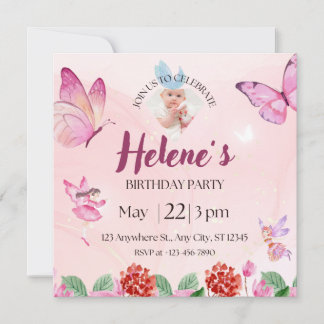 Invitation anniversaire papillon illustratif rose