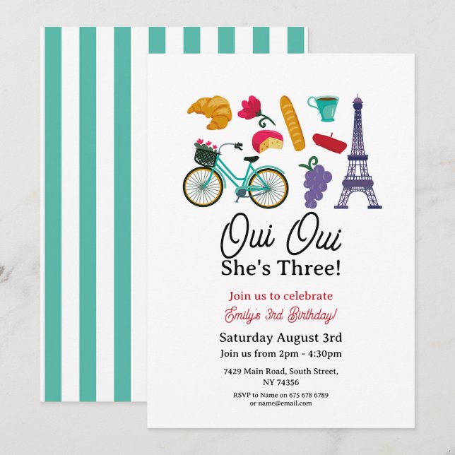 Invitation Anniversaire Paris Oui Oui Trois Filles (Devant / Derrière)
