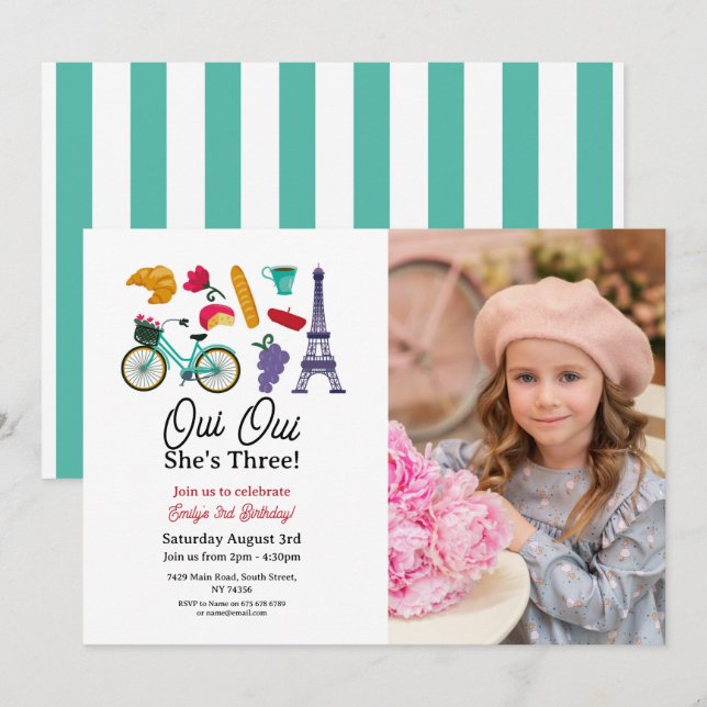 Invitation Anniversaire Paris Oui Oui Trois Filles Photo (Devant / Derrière)