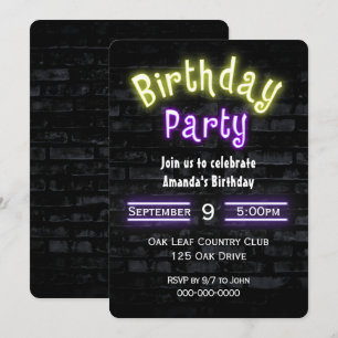 Invitation Anniversaire Party Neon Connexion Brick Wall