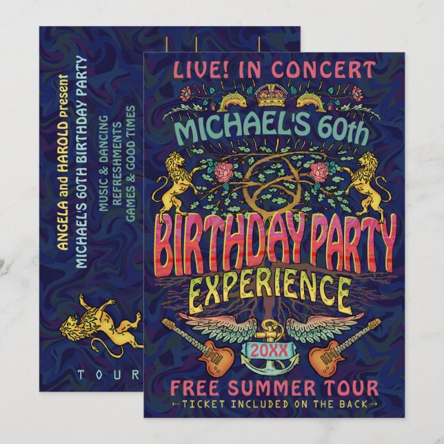 Invitation Anniversaire Party Rock Band Concert Ticket Retro  (Devant / Derrière)