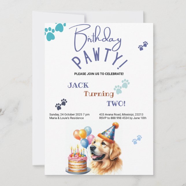 Invitation Anniversaire Pawty Golden Retriever Chien Annivers (Devant)