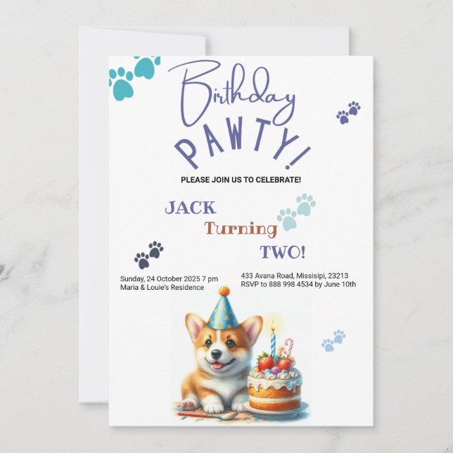 Invitation Anniversaire Pawty Welsh Corgi Chien Customisé Ann (Devant)