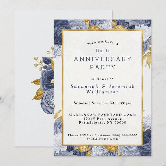 Invitation Anniversaire Personnalisable Chic Blue Gold Floral (Devant / Derrière)
