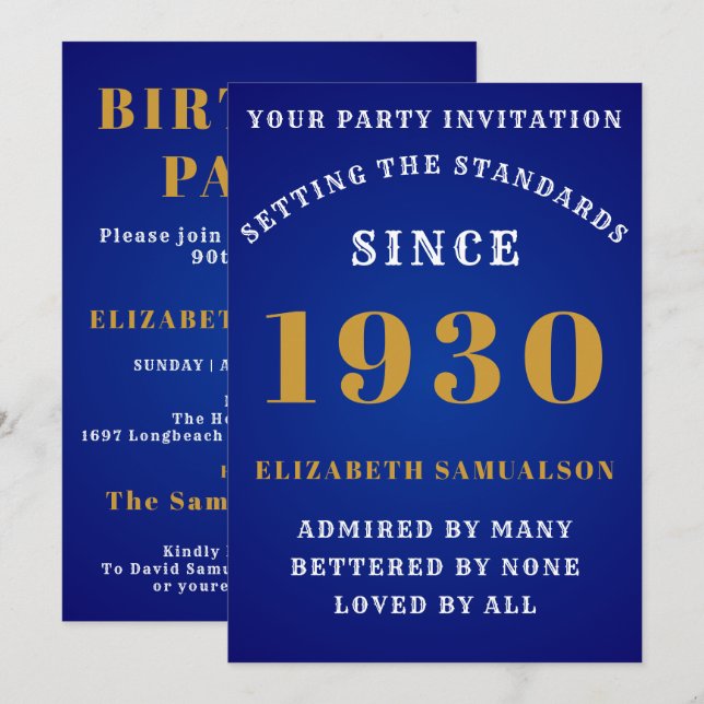 Invitation Anniversaire personnalisé 1930 Elégant Bleu Or Bla (Devant / Derrière)