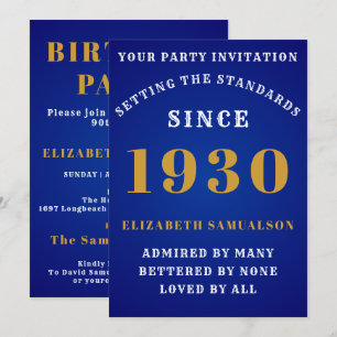 Invitation Anniversaire personnalisé 1930 Elégant Bleu Or Bla