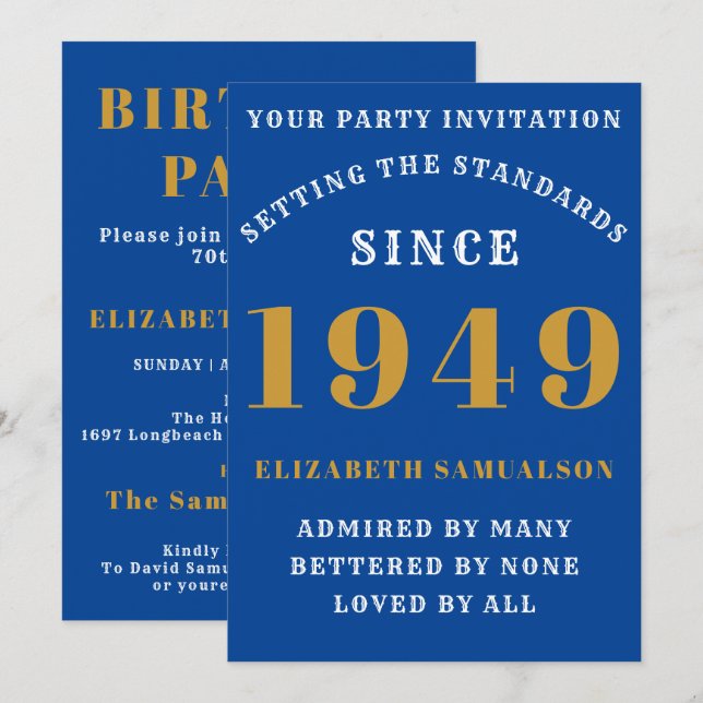 Invitation Anniversaire personnalisé 1949 Ajouter Nom Blue Go (Devant / Derrière)