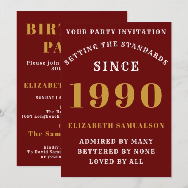 Invitation Anniversaire personnalisé 1990 Ajouter votre nom R (Devant / Derrière)