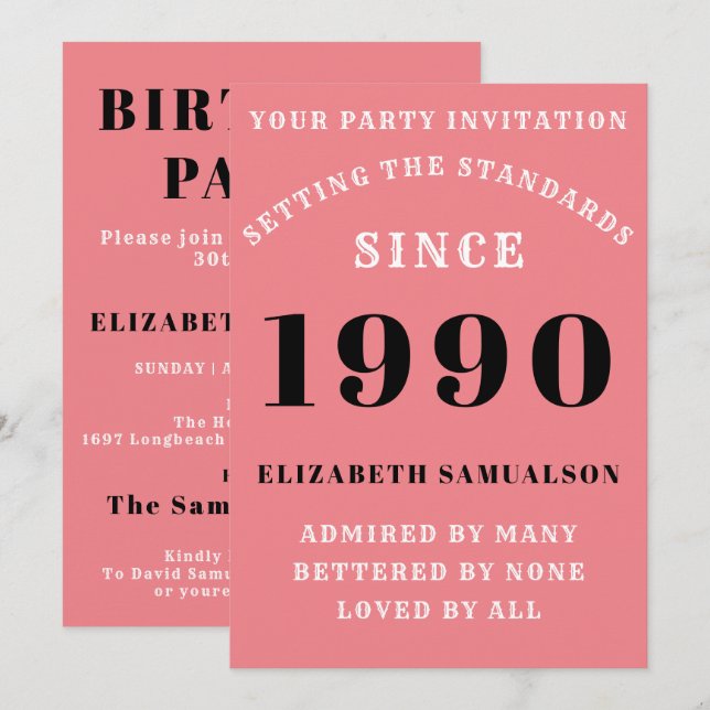 Invitation Anniversaire personnalisé 1990 Ajouter Votre Nom R (Devant / Derrière)