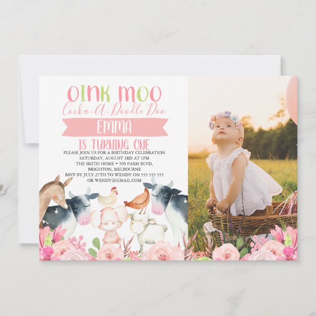 Invitation anniversaire photo ferme florale rose (Devant)