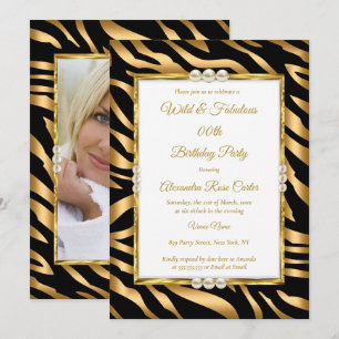 Invitation Anniversaire Photo zèbre Noir Or fabuleux & sauvag
