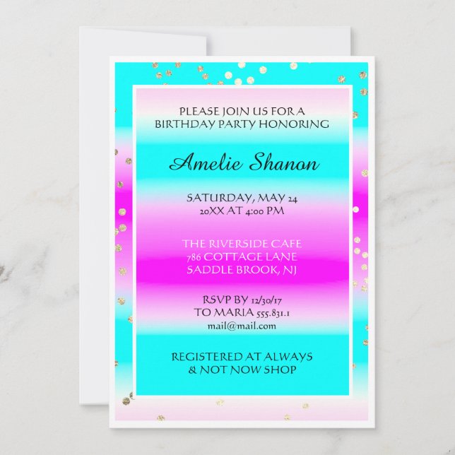 Invitation Anniversaire Pink Blue Gold Confetti Photo (Devant)