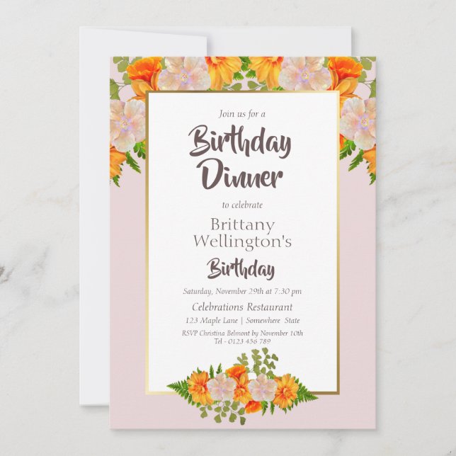 Invitation Anniversaire Pink Orange Gold Fête Florale (Devant)